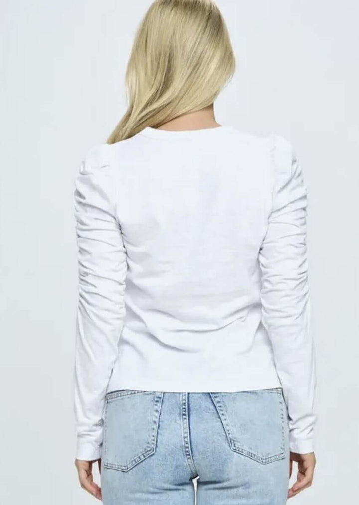 Ladies USA Made Cotton Solid Long Puff Sleeve Fitted Top in White | Renee C Style# 4355TP | Classy Cozy Cool Women's Made in America Clothing Boutique