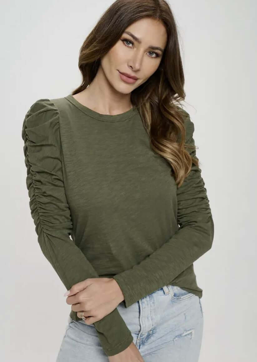Ladies USA Made Cotton Solid Long Puff Sleeve Fitted Top in Olive | Renee C Style# 4355TP | Classy Cozy Cool Women's Made in America Clothing Boutique