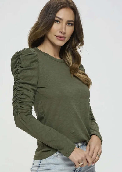 Ladies USA Made Cotton Solid Long Puff Sleeve Fitted Top in Olive | Renee C Style# 4355TP | Classy Cozy Cool Women's Made in America Clothing Boutique