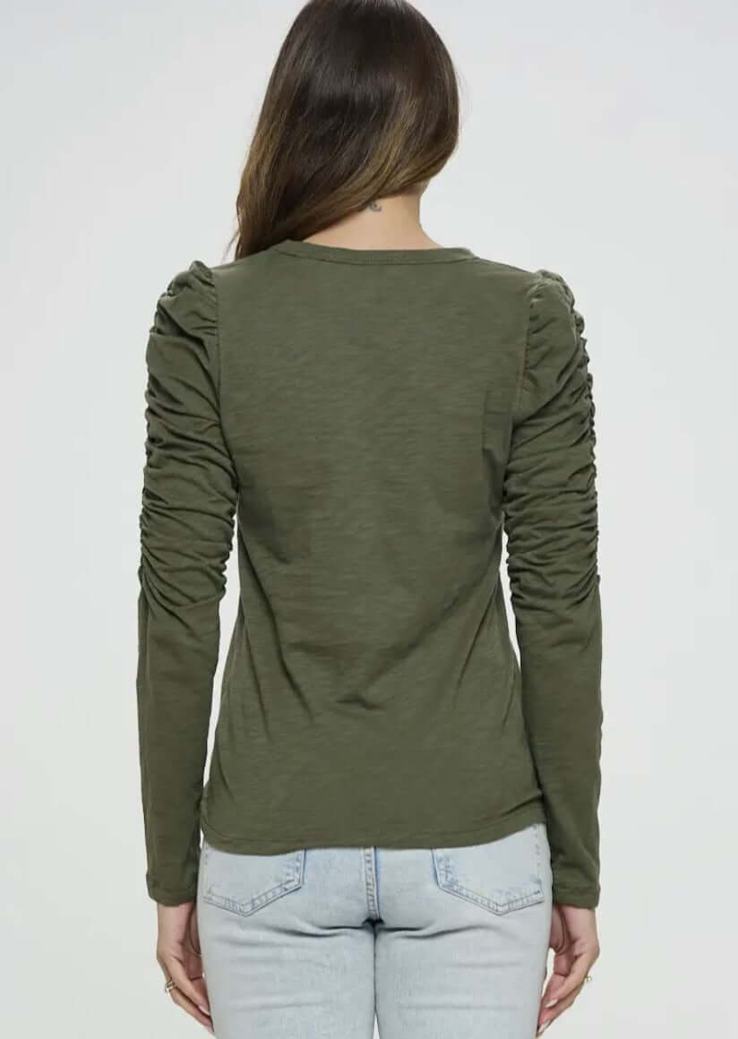 Ladies USA Made Cotton Solid Long Puff Sleeve Fitted Top in Olive | Renee C Style# 4355TP | Classy Cozy Cool Women's Made in America Clothing Boutique
