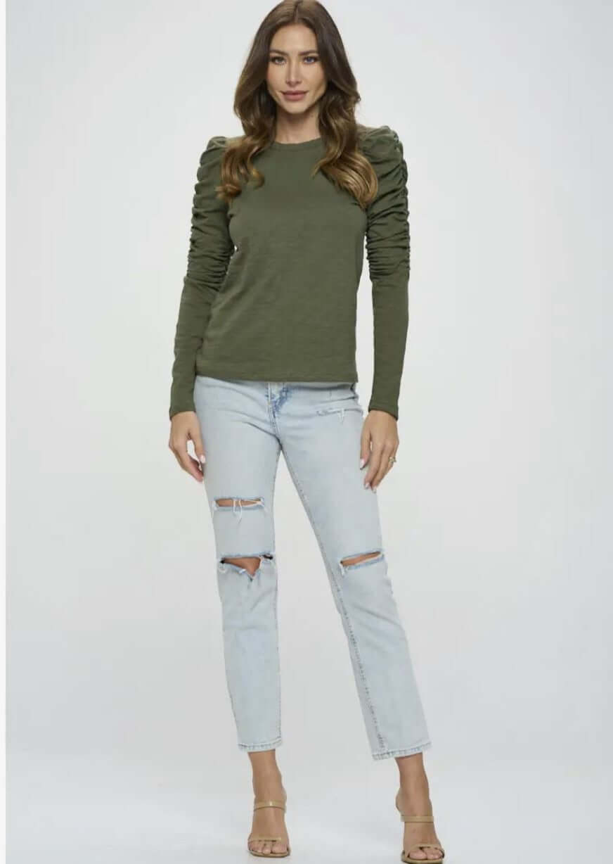 Ladies USA Made Cotton Solid Long Puff Sleeve Fitted Top in Olive | Renee C Style# 4355TP | Classy Cozy Cool Women's Made in America Clothing Boutique