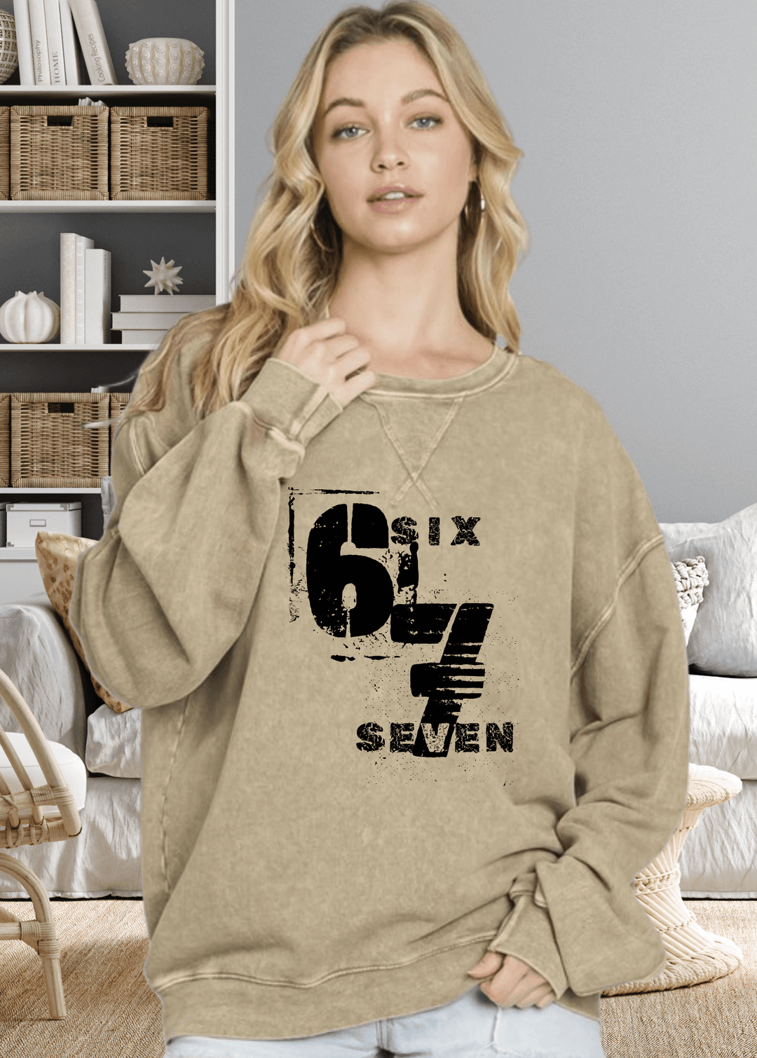 Oversized comfort meets effortless style with this Six Seven graphic top, crafted from premium USA cotton in a light-medium weight perfect for any season. The mineral-washed finish gives it that coveted lived-in look, while chunky sleeves and a round neck with subtle stitch detailing add personality to your everyday rotation.
