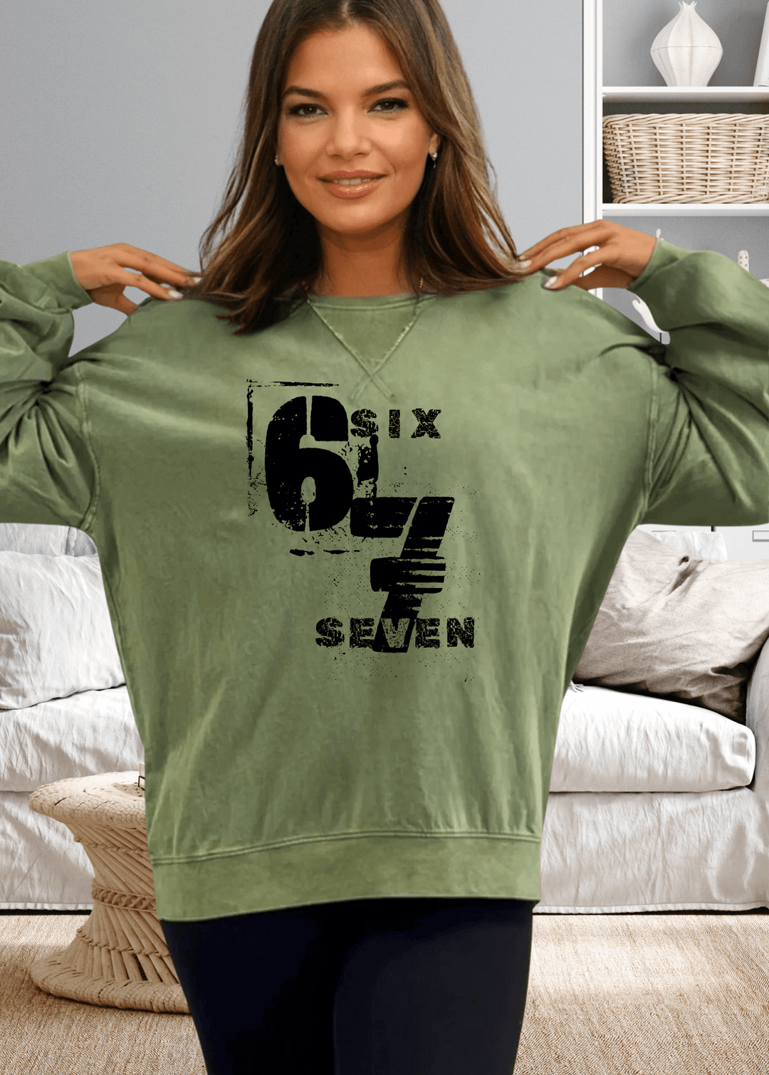 Oversized comfort meets effortless style with this Six Seven graphic top, crafted from premium USA cotton in a light-medium weight perfect for any season. The mineral-washed finish gives it that coveted lived-in look, while chunky sleeves and a round neck with subtle stitch detailing add personality to your everyday rotation.