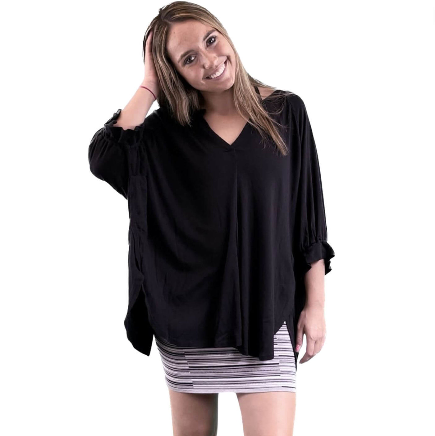 Ladies Black or Grey Medium Weight Stretchy Broken Stripe Pencil Skirt | Made in USA | Classy Cozy Cool Women's Made in America Clothing Boutique