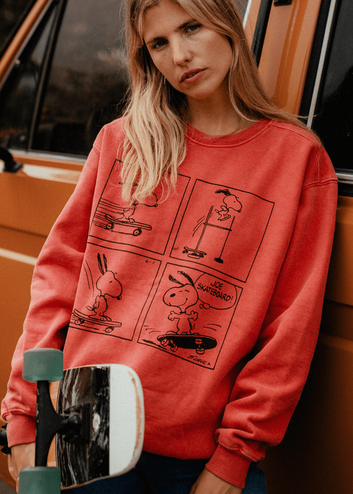 Embrace sustainable charm with our Vintage Snoopy Sweatshirt, part of our Peanuts Sweatshirts collection. Featuring Snoopy's iconic alter-ego Joe Cool, this timeless design adds a touch of whimsy to any wardrobe. Let nostalgia wash over you with every wear as this playful Snoopy crewneck seamlessly blends style and comfort. Whether lounging at home or stepping out for a casual outing, this sweatshirt is an absolute must-have.- 100% Organic Cotton- Washed Red
