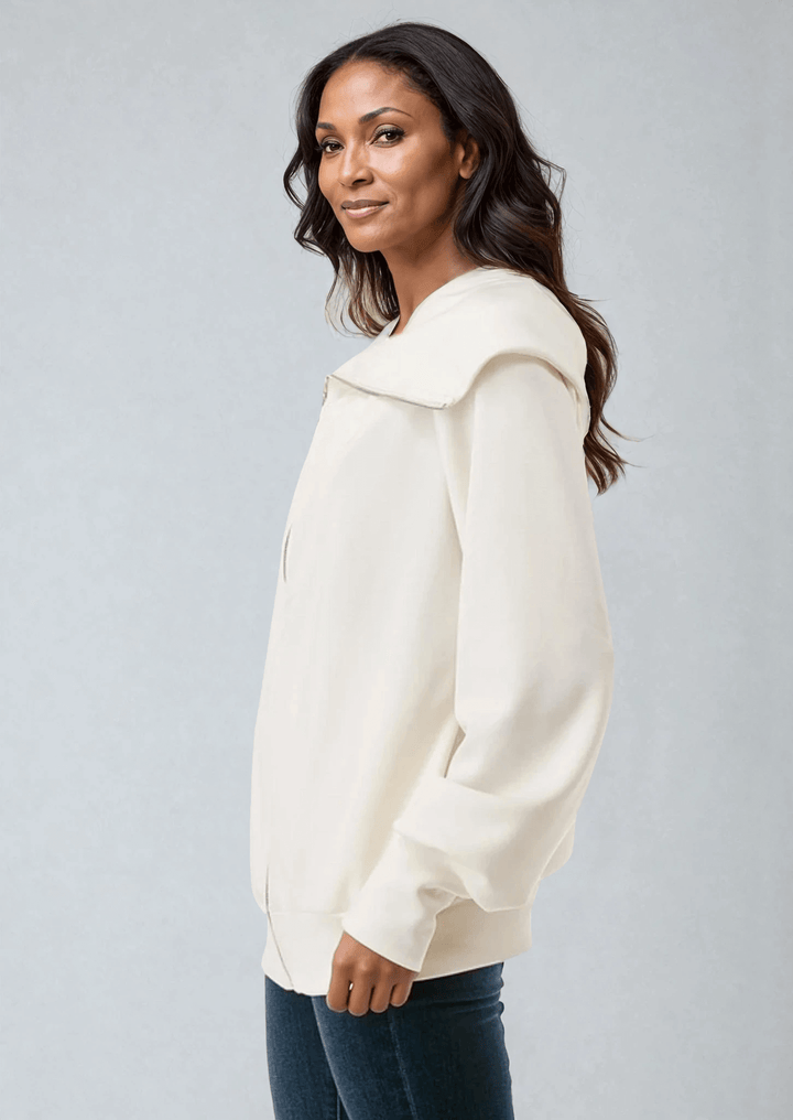 Made in USA Women's Super Soft Scuba Fabric Relaxed Fit Zip Front Jacket with Big Collar and Side Pockets, Material Compares to LuLulemon Scuba Line, Wrinkle, Available in Black and Ivory