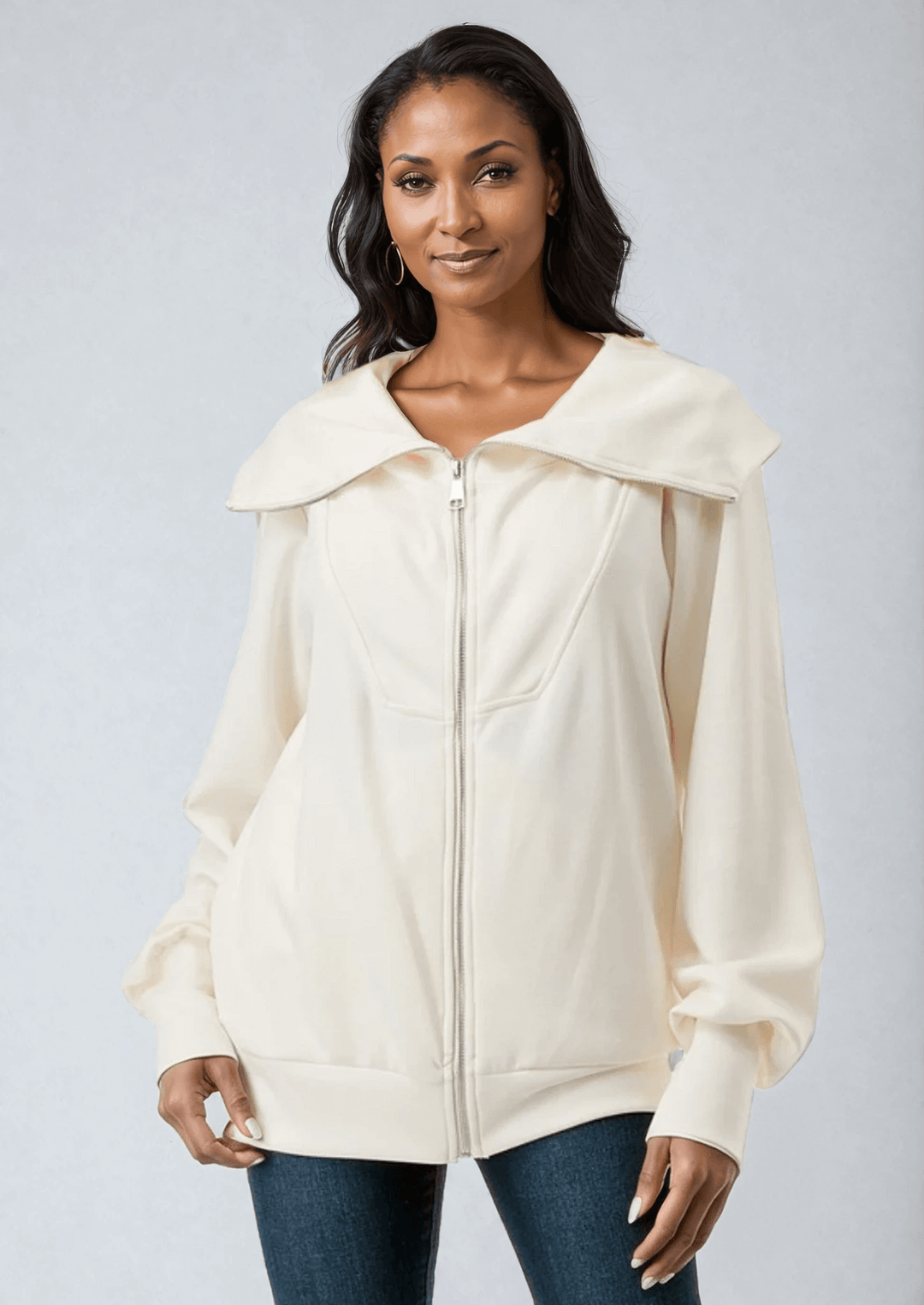 Made in USA Women's Super Soft Scuba Fabric Relaxed Fit Zip Front Jacket with Big Collar and Side Pockets, Material Compares to LuLulemon Scuba Line, Wrinkle, Available in Black and Ivory