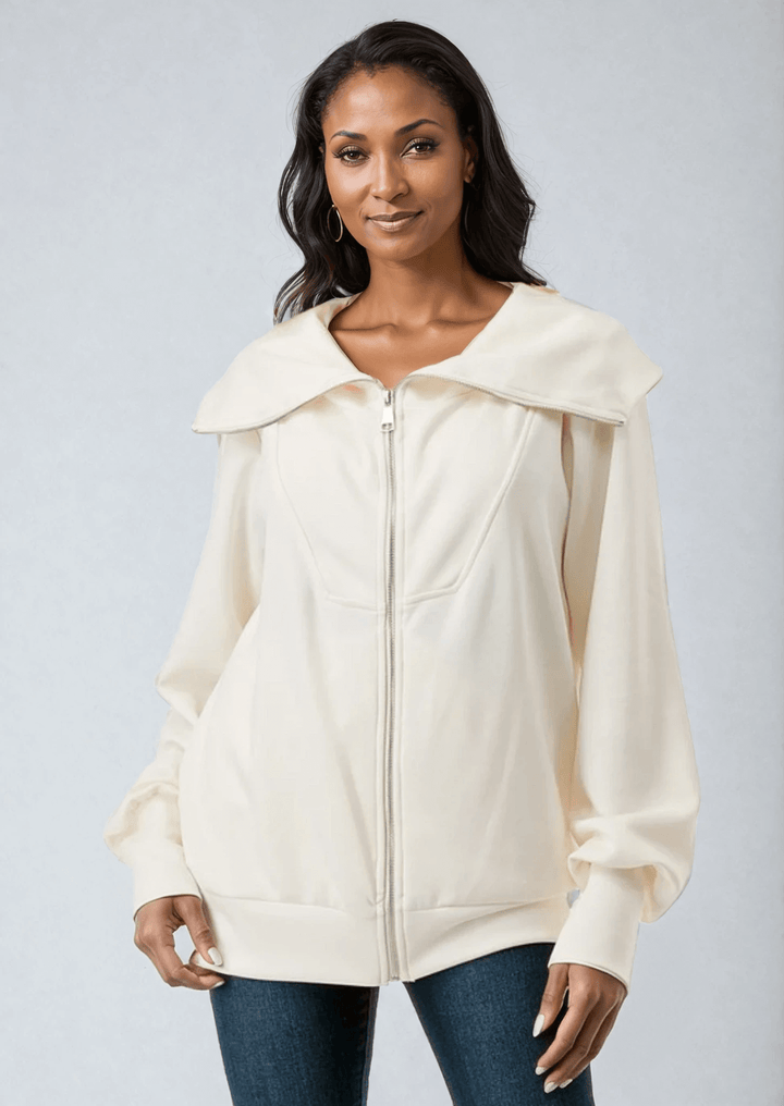 Made in USA Women's Super Soft Scuba Fabric Relaxed Fit Zip Front Jacket with Big Collar and Side Pockets, Material Compares to LuLulemon Scuba Line, Wrinkle, Available in Black and Ivory