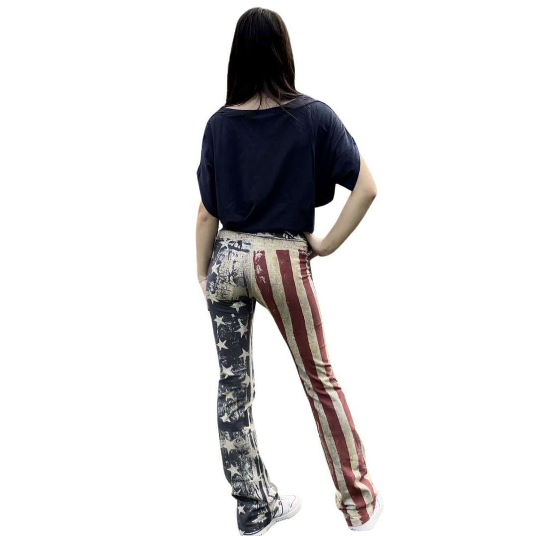 T-Party Ladies Distressed Cotton American Flag Boot Cut Skinny Leggings| 4th of July | Made in USA | Classy Cozy Cool Women's American Clothing Boutique