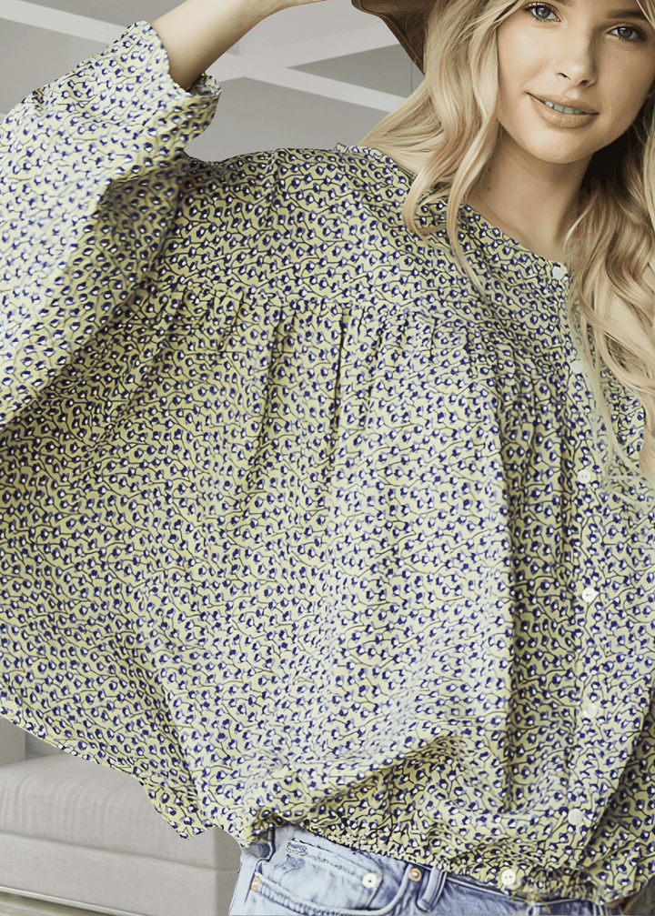 Made in USA Women's Oversized Exaggerated Bubble Sleeve Dolman Top in a Sage Floral Print | Bucket List Style T1266A