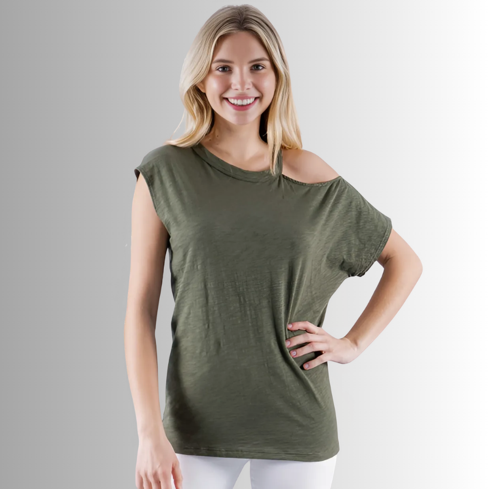 Made in USA Women's Cotton Mixed Emotions Asymmetrical T-Shirt | Half Muscle Tee and Half Cold Shoulder Tee in Olive | Renee C Style 3982TP | Classy Cozy Cool Made in America Boutique