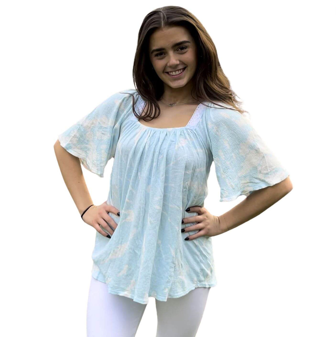 USA Made Ladies Light Blue & White Tie Dyed Square Neck Gauze Super Soft Cotton Flowy Top | Classy Cozy Cool Women's Made in America Boutique