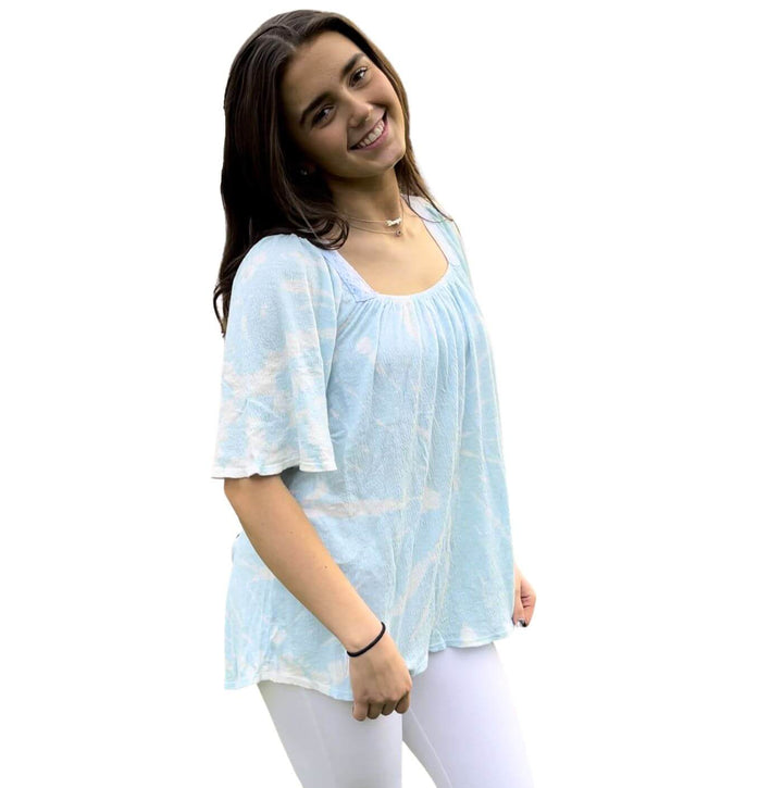 USA Made Ladies Light Blue & White Tie Dyed Square Neck Gauze Super Soft Cotton Flowy Top | Classy Cozy Cool Women's Made in America Boutique