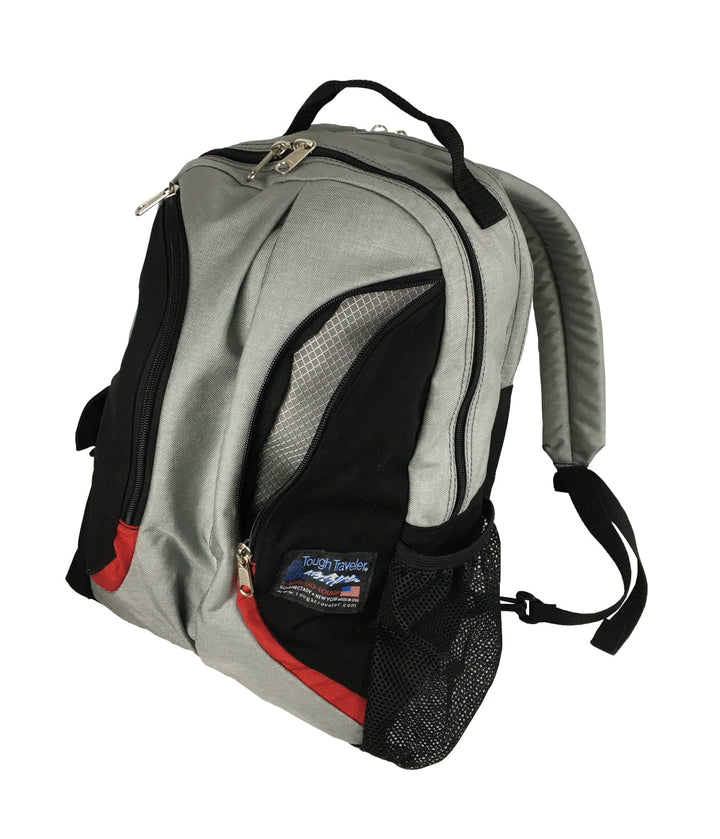 Made in USA, grey and black laptop backpack with red accents, mesh side bottle pocket and padded straps