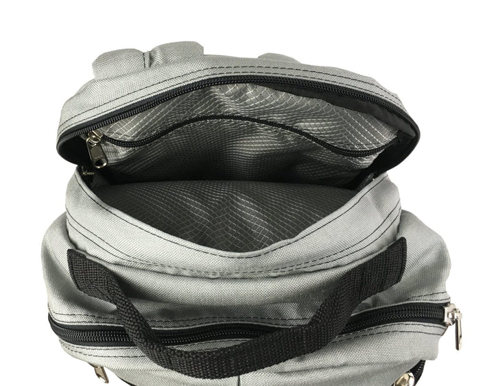 Made in USA, open grey laptop backpack showing padded laptop compartment