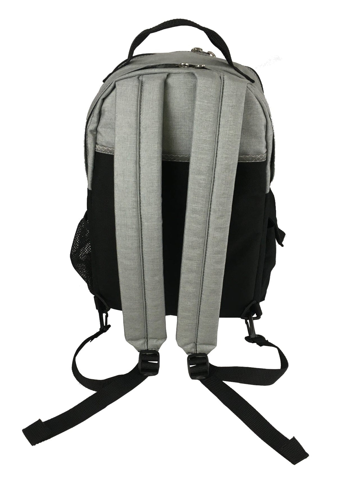Made in USA, back view of grey and black laptop backpack with padded shoulder straps and back panel