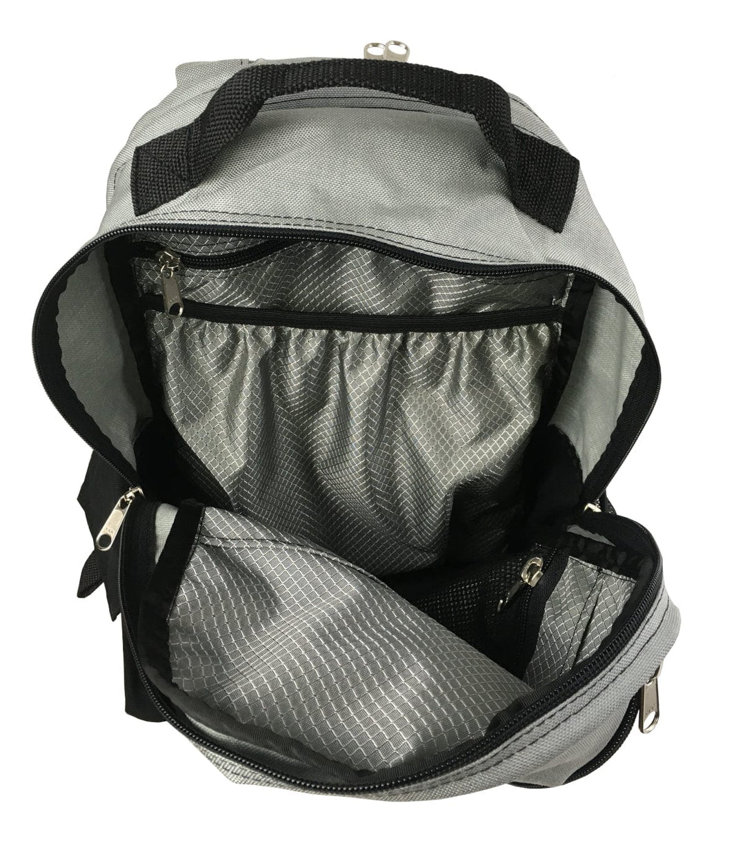 Made in USA, open grey laptop backpack showing interior organizer pockets