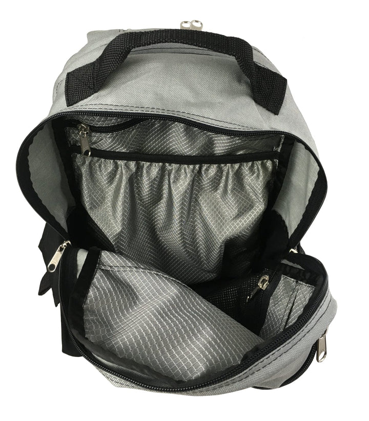 Made in USA, open grey laptop backpack showing interior organizer pockets