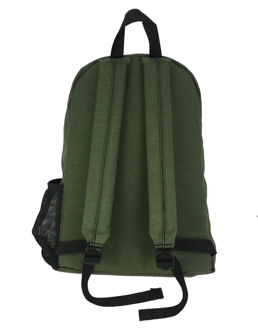 Made in USA, back view of olive large backpack with padded shoulder straps and mesh bottle pocket