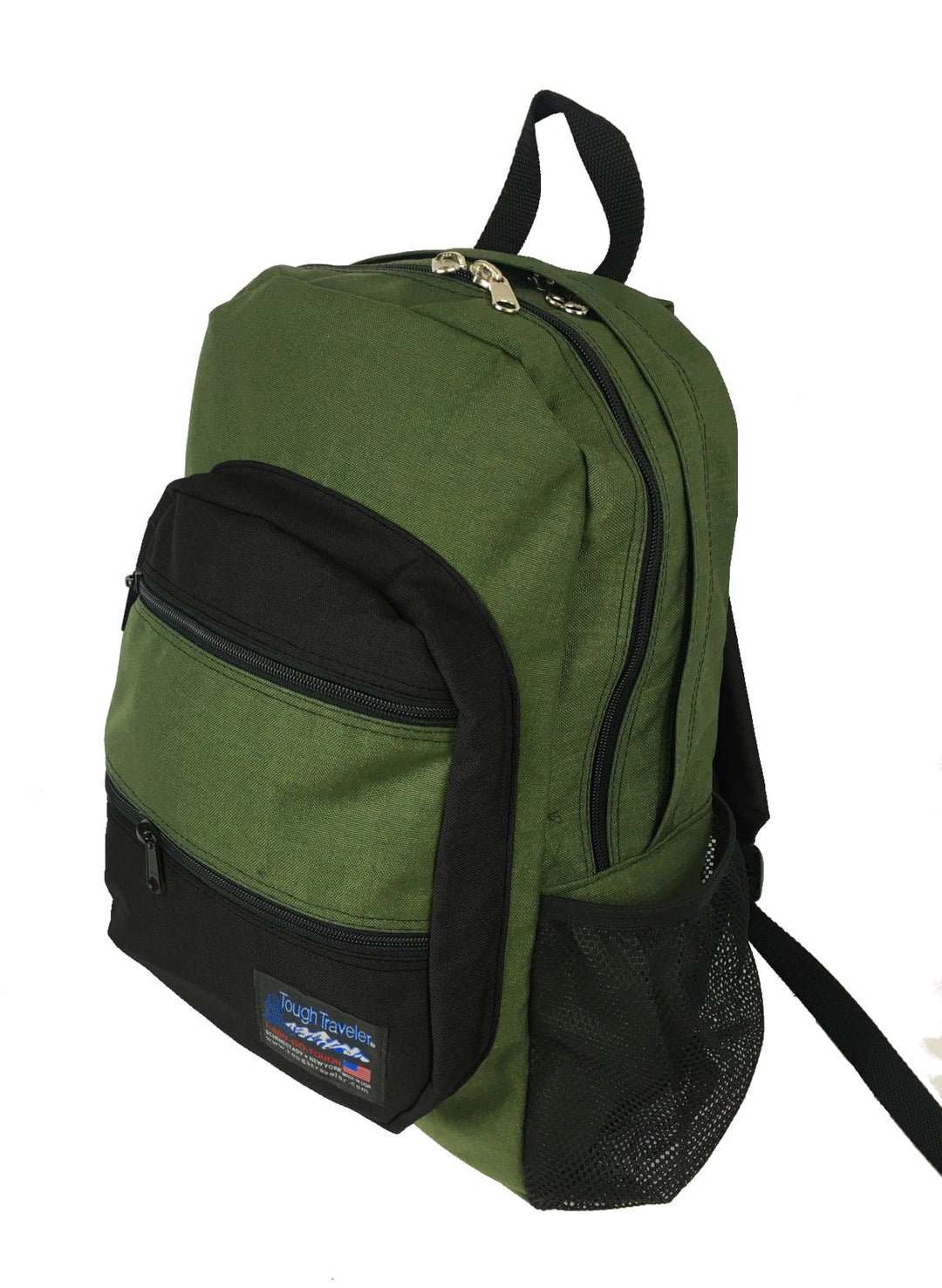Made in USA, olive green backpack with black front pocket panel and mesh bottle pocket