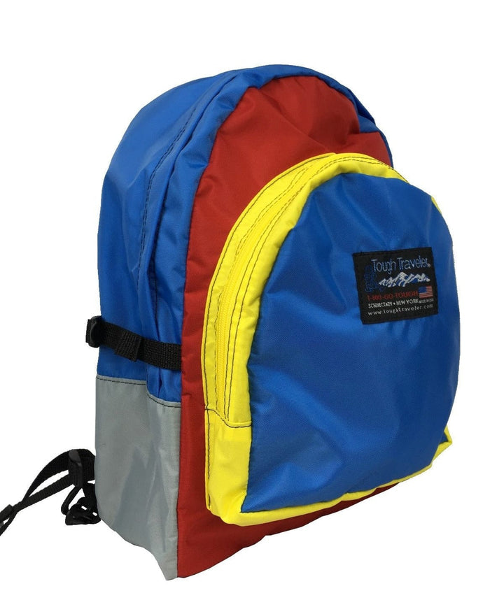Made in USA, zero waste multicolor diaper bag backpack in blue, red, yellow and grey panels