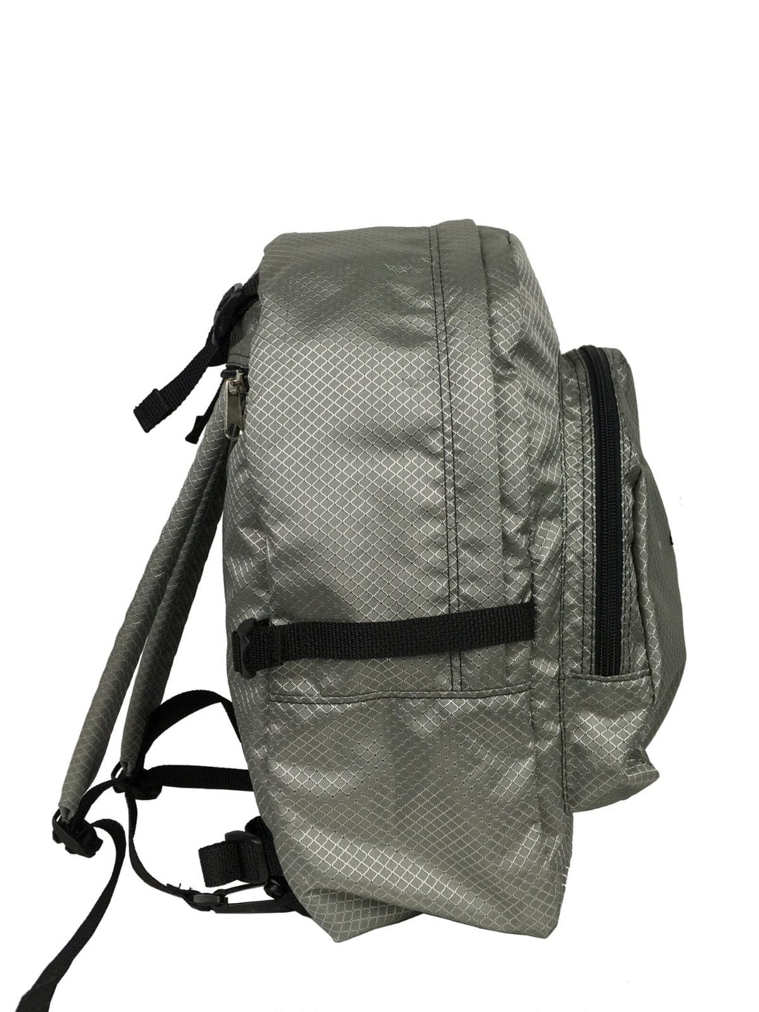 Made in USA, side view of silver diamond diaper bag backpack showing front pocket and shoulder strap