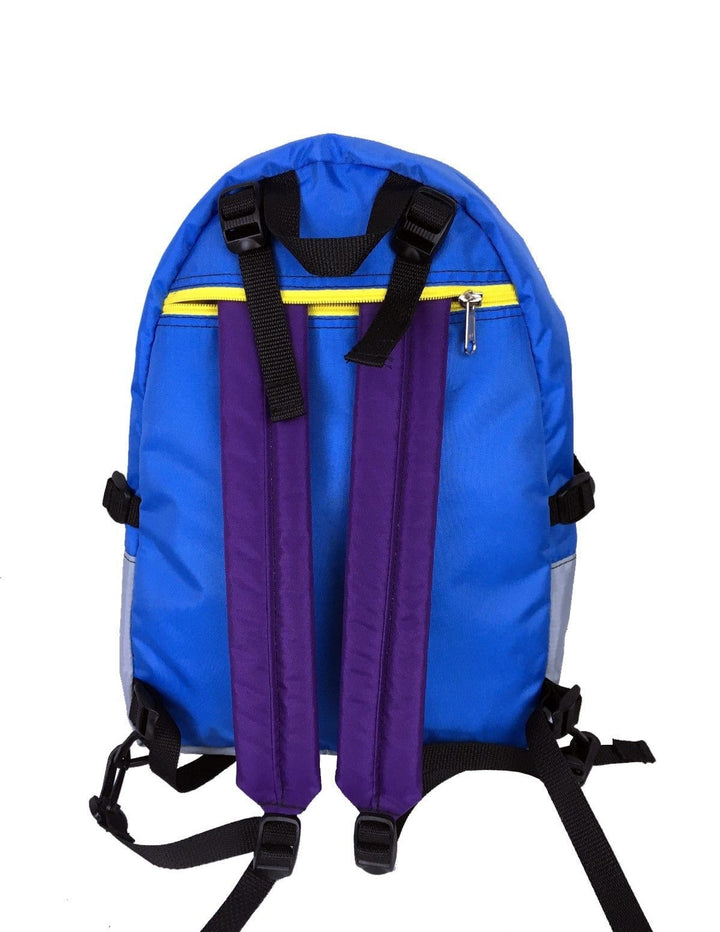 Made in USA, back view of blue diaper bag backpack with purple padded shoulder straps and stroller straps