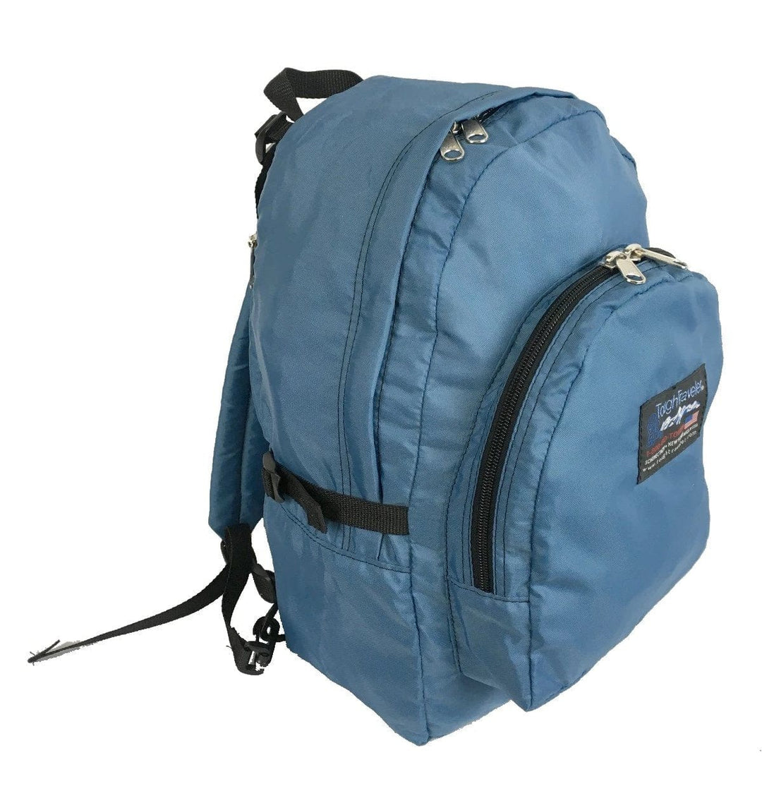 Made in USA, denim blue diaper bag backpack with zippered front pocket, side straps and padded shoulder straps