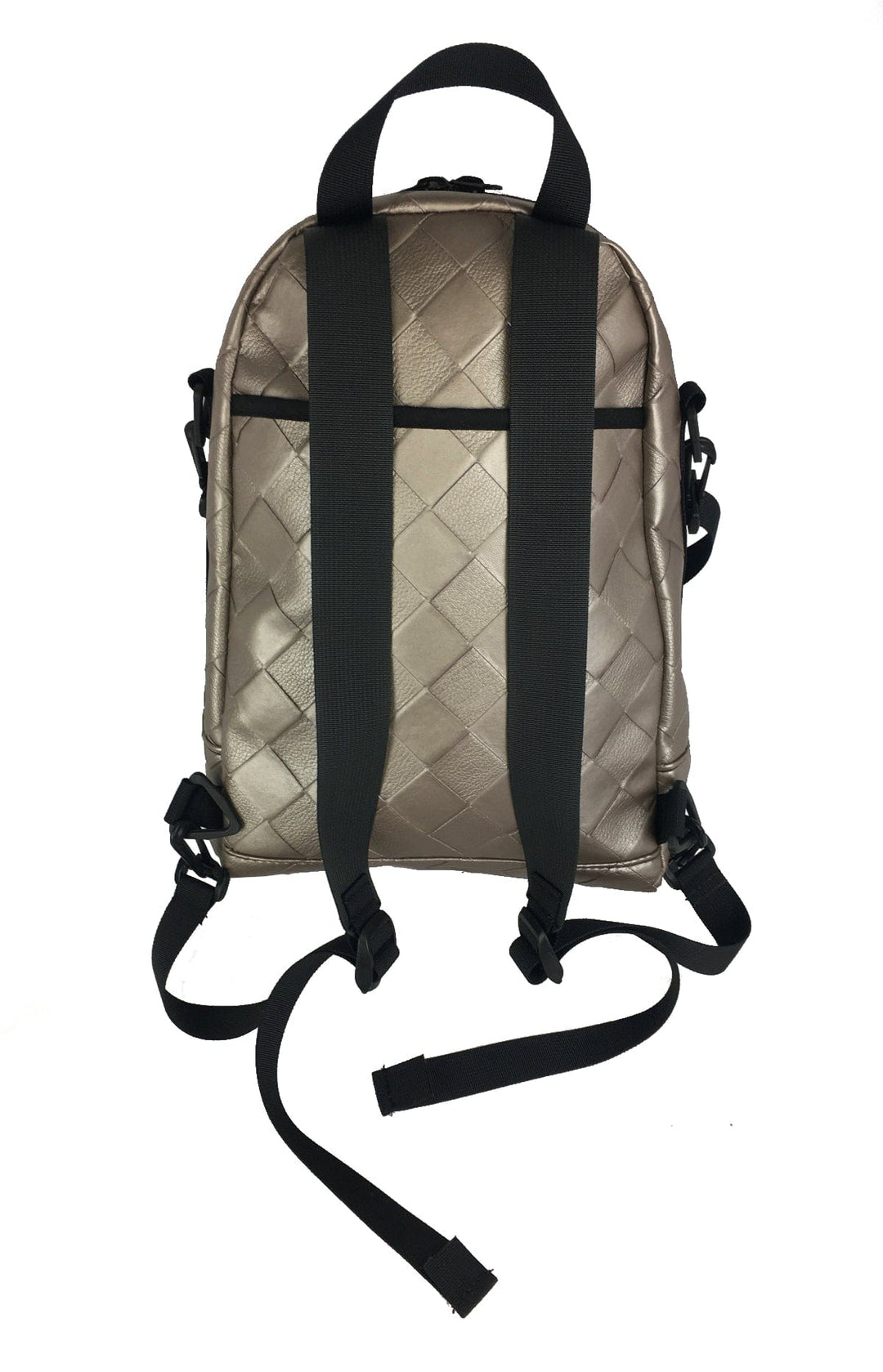 Made in USA, back view of bronze woven leatherette backpack with adjustable shoulder straps