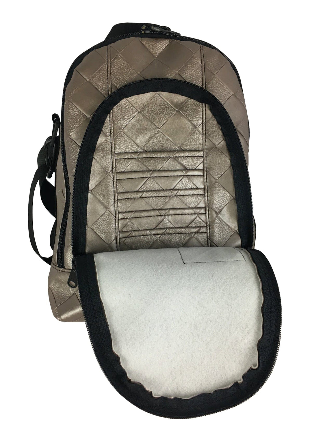 Made in USA, open bronze leatherette backpack showing card slots and organizer interior