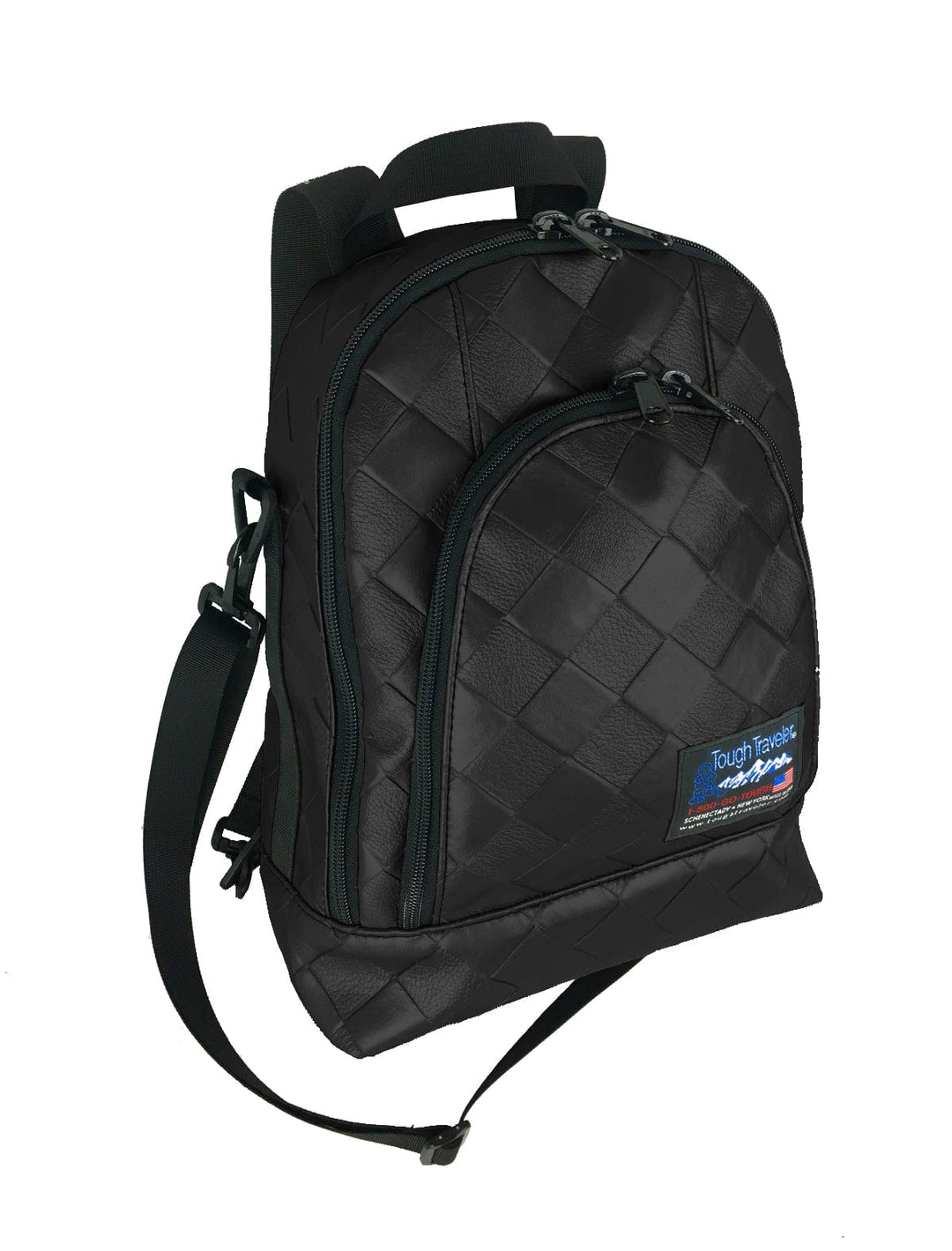 Made in USA, dark brown woven leatherette backpack with zip front pocket and removable shoulder strap
