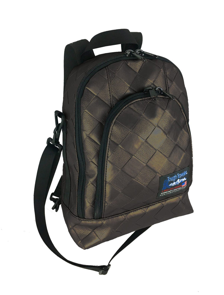 Made in USA, brown leatherette backpack with woven texture, zip front pocket and shoulder strap