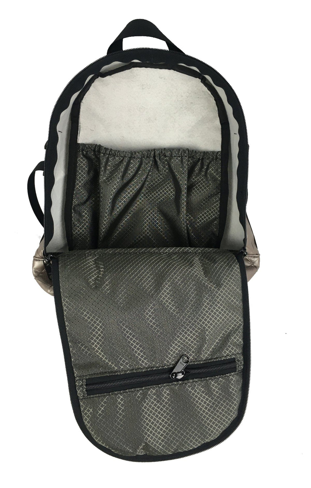 Made in USA, open leatherette backpack showing grey interior with elastic pocket and zip pocket