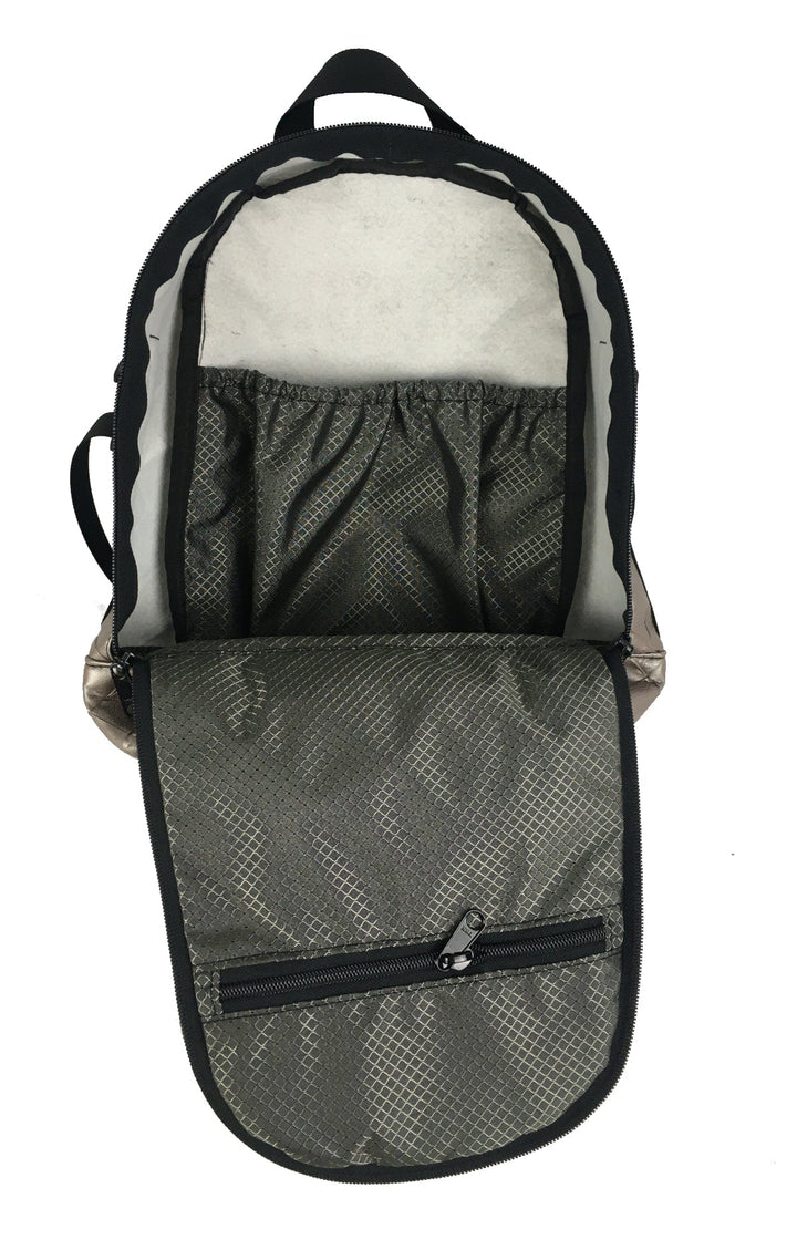 Made in USA, open leatherette backpack showing grey interior with elastic pocket and zip pocket
