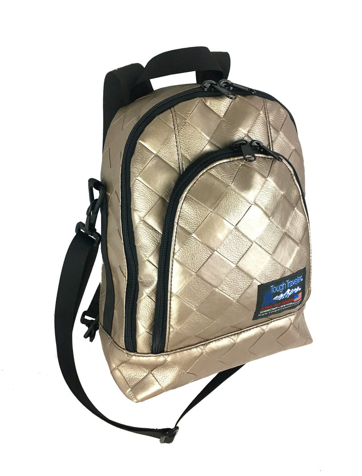 Made in USA, bronze leatherette backpack with woven texture, zip front pocket, top handle and shoulder strap
