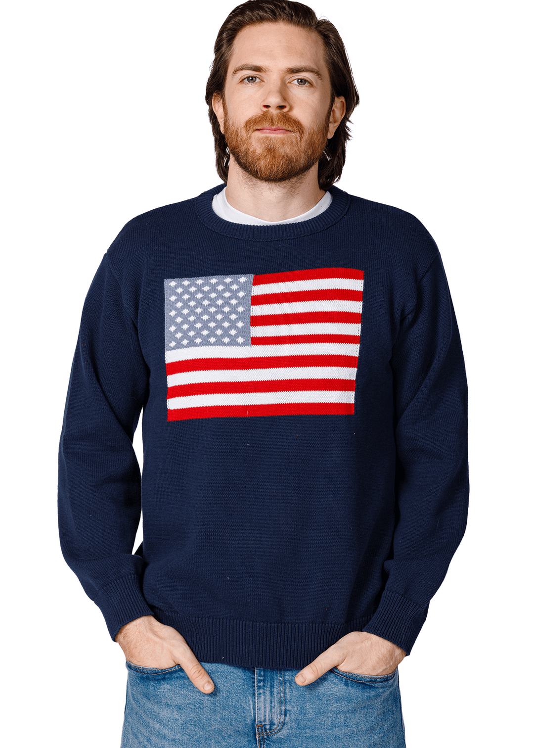 Made in USA Boathouse Patriotic Unisex American Flag Graphic Knit Oversized 100% Cotton Crew Neck Sweatshirt in Navy Blue or Off White