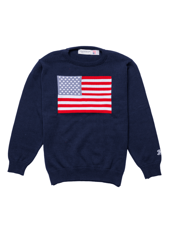 Made in USA Boathouse Patriotic Unisex American Flag Graphic Knit Oversized 100% Cotton Crew Neck Sweatshirt in Navy Blue or Off White