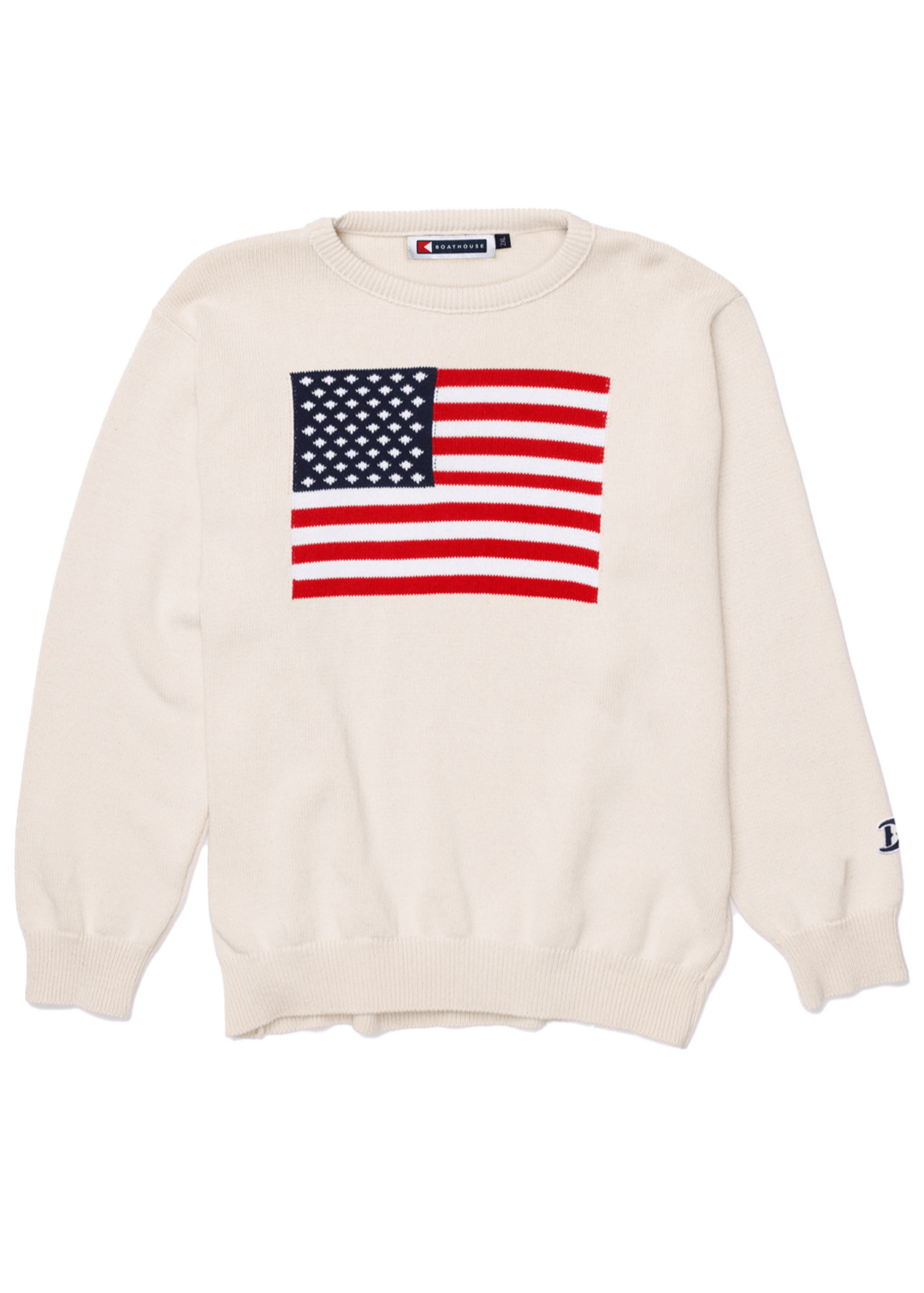 Made in USA Boathouse Patriotic Unisex American Flag Graphic Knit Oversized 100% Cotton Crew Neck Sweatshirt in Navy Blue or Off White