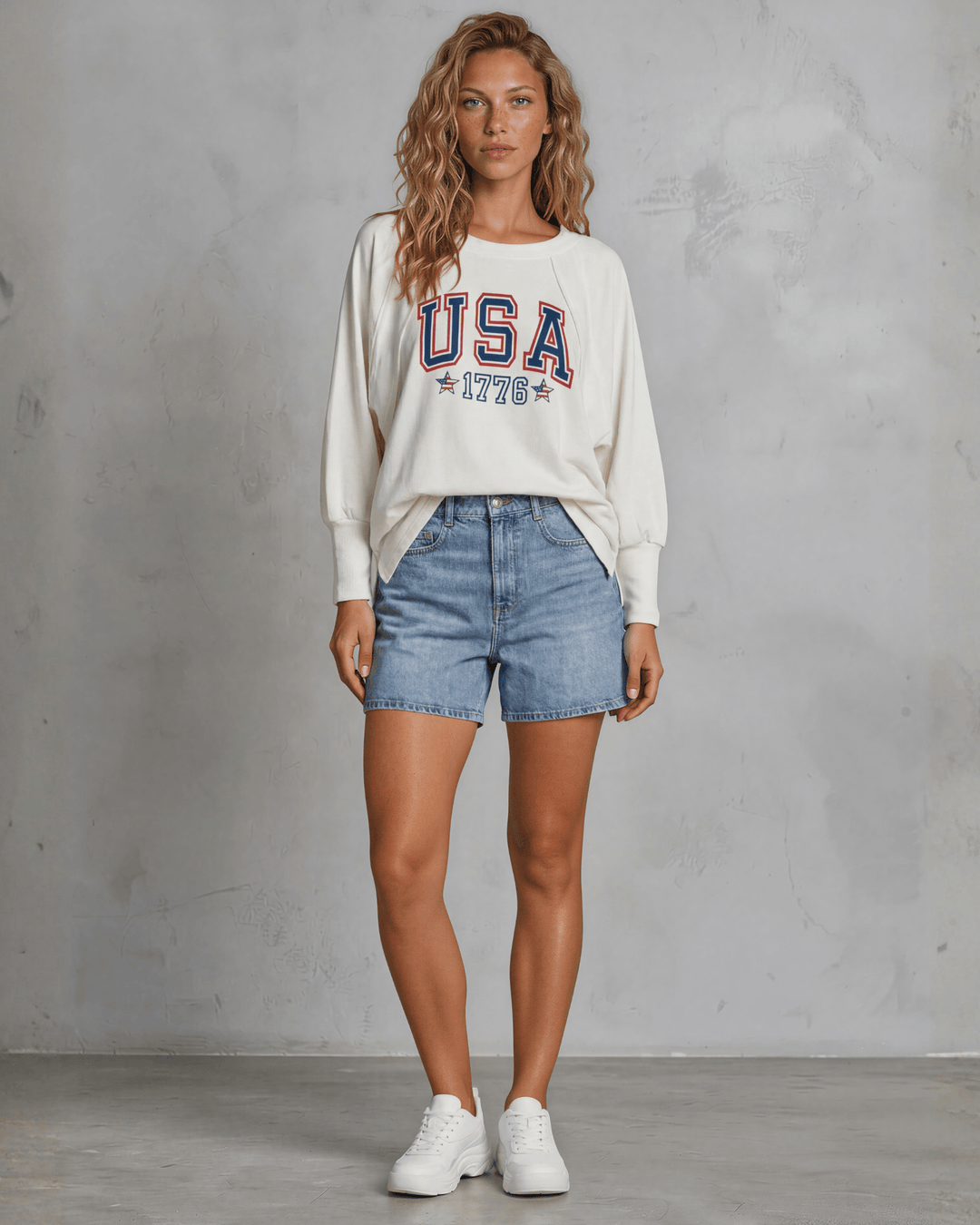 Bold USA 1776 varsity graphic on a soft oversized French terry sweatshirt. Made in USA, 88% cotton, dolman sleeves. Perfect for 4th of July &amp; everyday wear.