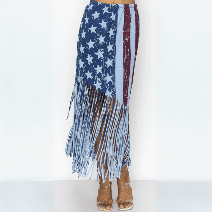 Made in USA Women's American Flag Graphic Double Layered Fringe Skirt with Elastic Waistband and Asymmetrical Fringe for 4th of July | Classy Cozy Cool Women's Made in America Boutique