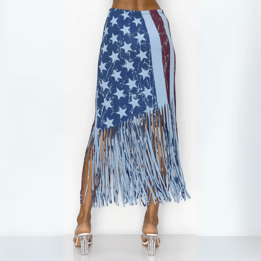 Made in USA Women's American Flag Graphic Double Layered Fringe Skirt with Elastic Waistband and Asymmetrical Fringe for 4th of July | Classy Cozy Cool Women's Made in America Boutique