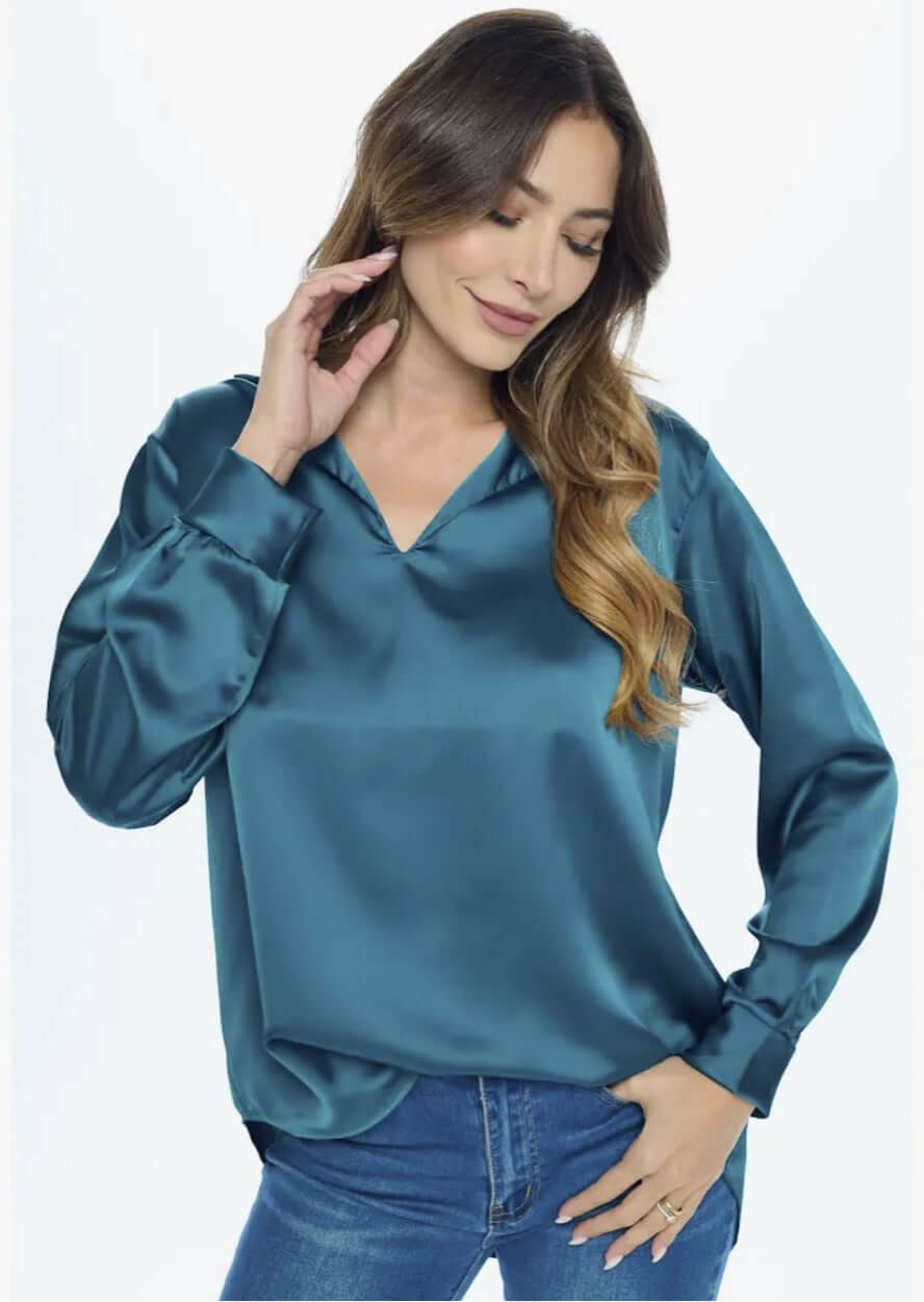 USA Made Ladies Stretch Satin Long Sleeve V neck Top with Collar