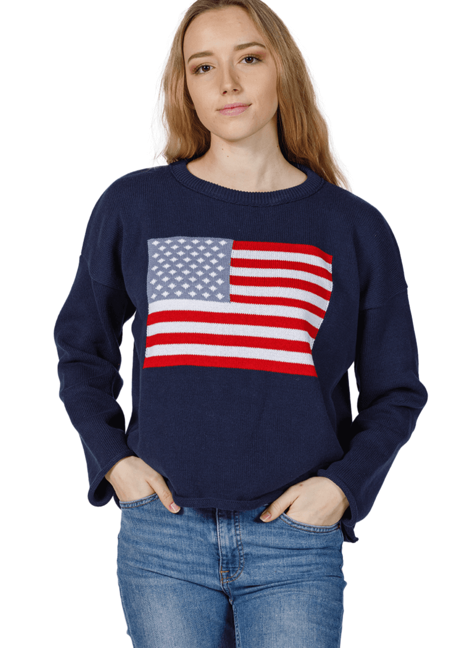 Made in USA Boathouse Women's American Flag Knit Cropped Crew! Featuring the iconic stars and stripes | 100% Cotton, Mid-Weight, Oversized Fit 