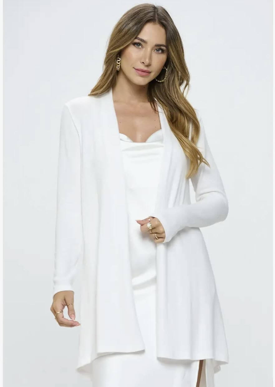 Women's Winter White Brushed Knit Draped Cardigan with Cashmere Feel | Renee C Style# 4322JKA | Made in USA | Classy Cozy Cool Women's Made in America Clothing Boutique