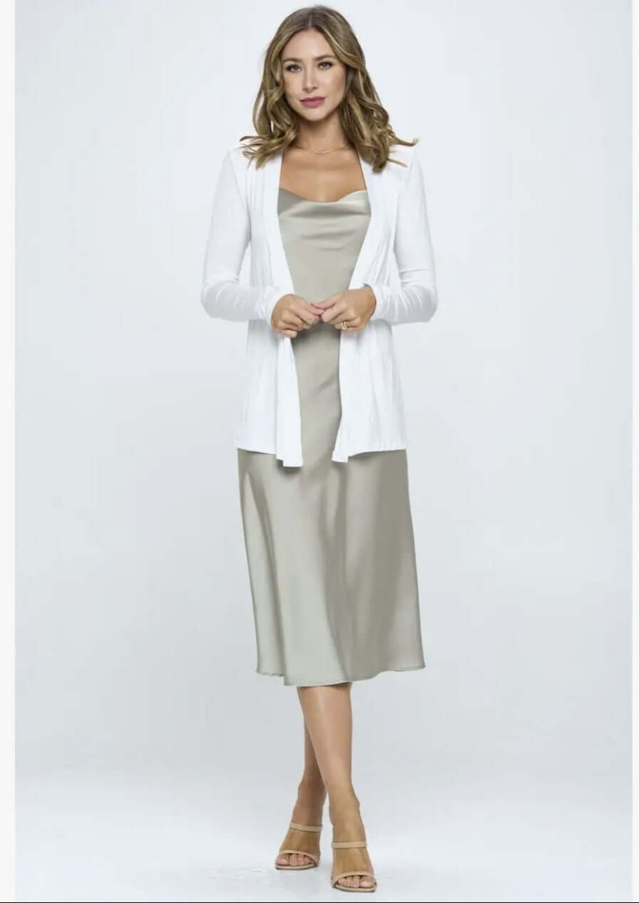 Ladies Off White Lightweight Rayon Jersey Open Front Cardigan | Renee C Style# 10079JK | Made in USA | Classy Cozy Cool Women's Made in America Clothing Boutique