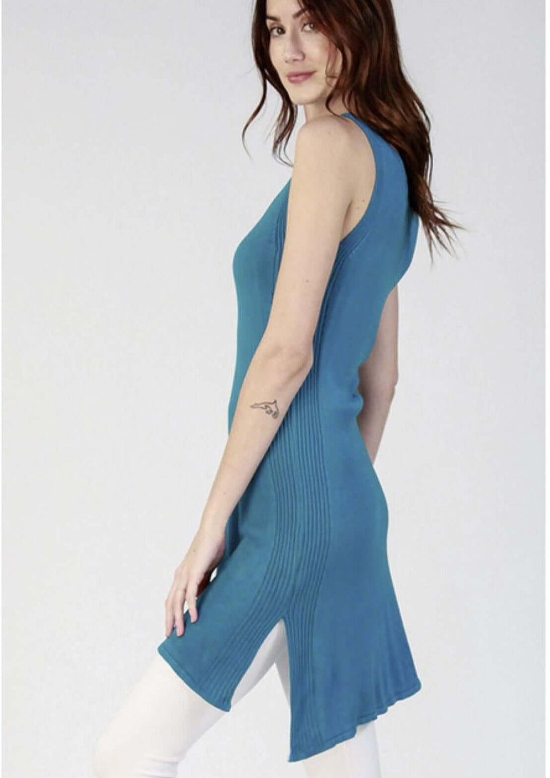 Ladies Scuba Blue Full Fashion A-Line Sleeveless Sweater Tunic with boat neckline.  This Tunic is great for long line layering with Leggings | Made in USA