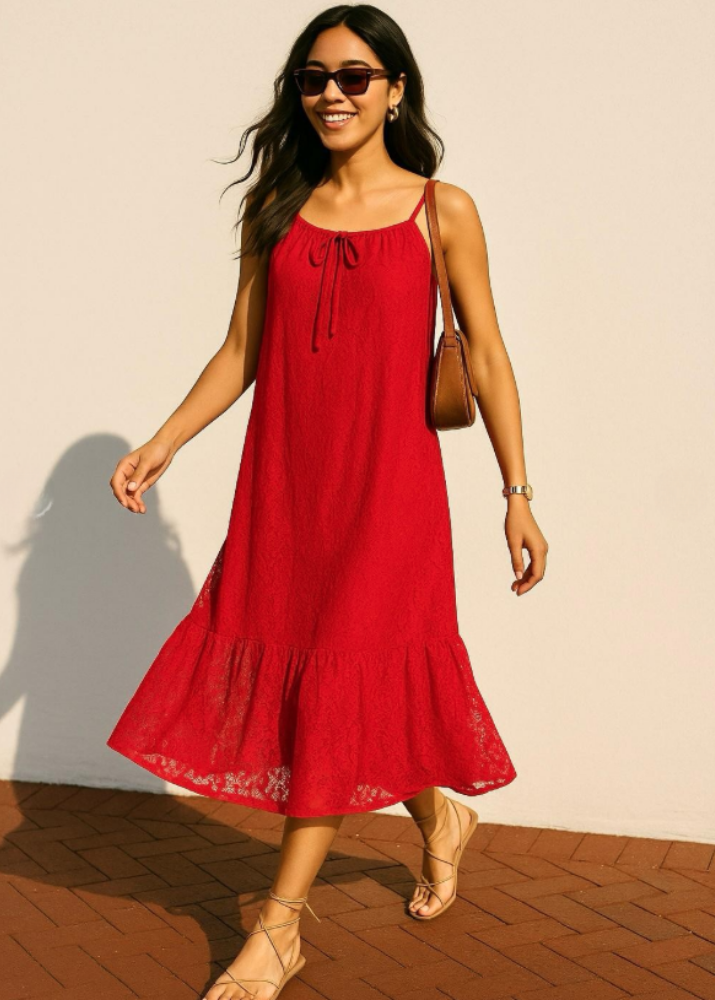 Made in USA Women's Lace Tie Front Midi Dress in Red, Lined to Knee,  Lace straps, Tiered with Flounce Ruffle Hem | Classy Cozy Cool Made in America Boutique