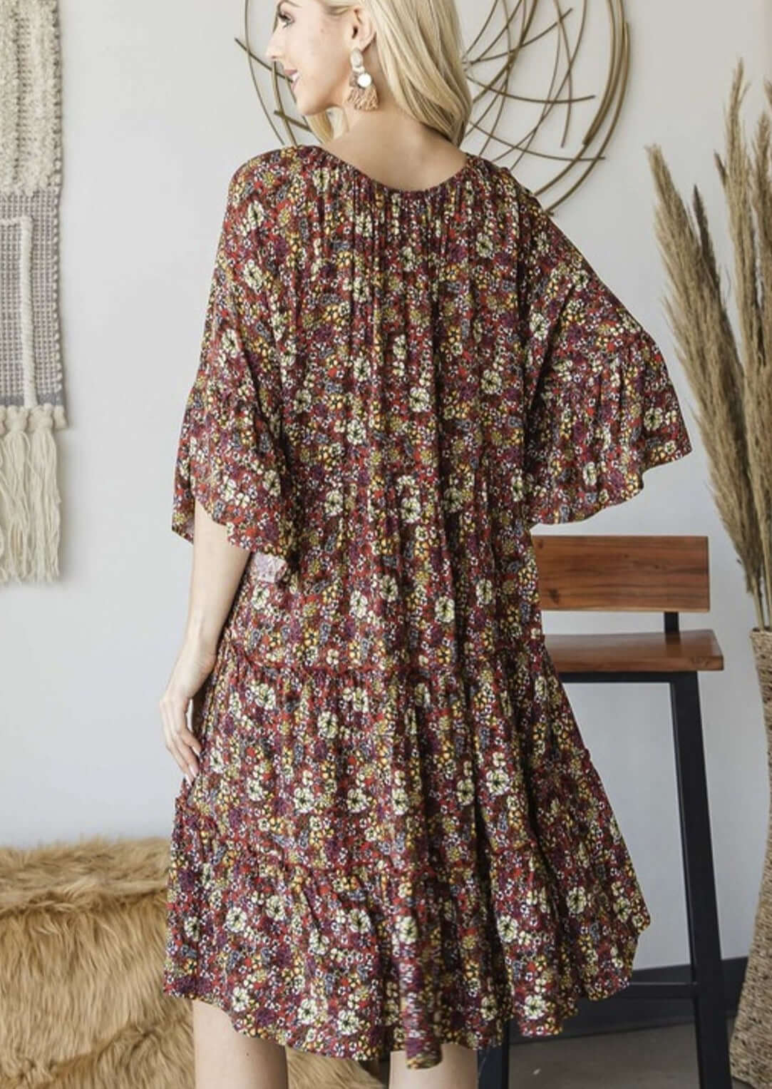 Made in USA bohemian inspired ladies baby doll half sleeve floral dress with drawstring Cord and a tiered design | Made in America Women's Boutique