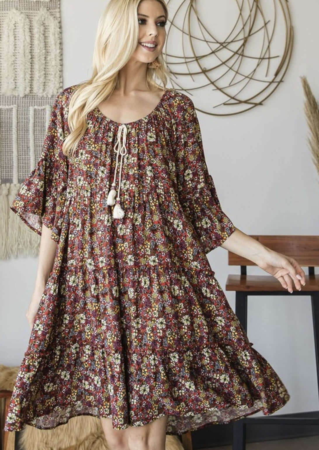 Made in USA bohemian inspired ladies baby doll half sleeve floral dress with drawstring Cord and a tiered design | Made in America Women's Boutique