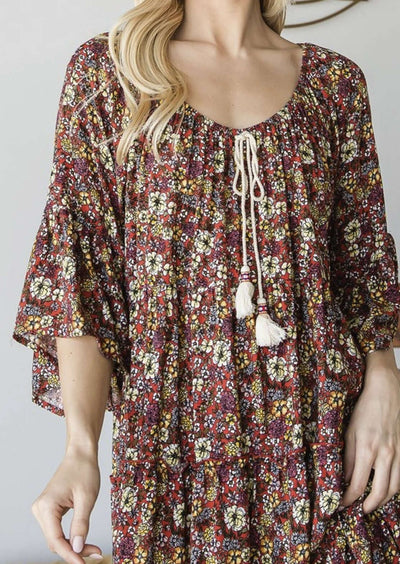 Made in USA bohemian inspired ladies baby doll half sleeve floral dress with drawstring Cord and a tiered design | Made in America Women's Boutique